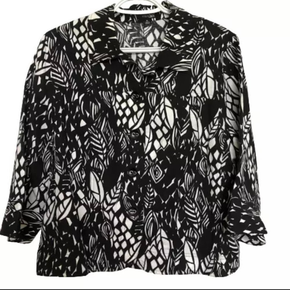 East 5th Women's Crop Blazer Sz PL Button Front 3/4 Sleeve Petite L Floral Linen